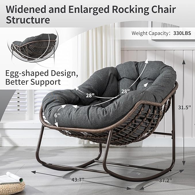 HOMEFUN Outdoor Patio Rocking Chairs Set of 2, Oversized Papasan Rock Chair Indoor with Padded Cushion - Rocker Egg Seat for Front Porch, Garden, Backyard Gray
