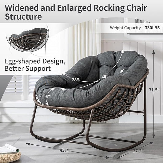 HOMEFUN Outdoor Patio Rocking Chairs, Oversized Papasan Rock Chair Indoor with Padded Cushion - Rocker Egg for Front Porch, Garden, Backyard Gray