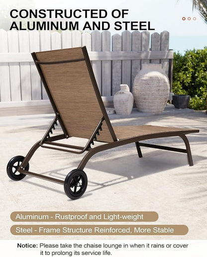 Crestlive Products Outdoor Chaise Lounge Chairs with Wheels Set of 2, Pool Lounge Chairs with 5 Adjustable Position for Patio, Poolside, Yard, Brown