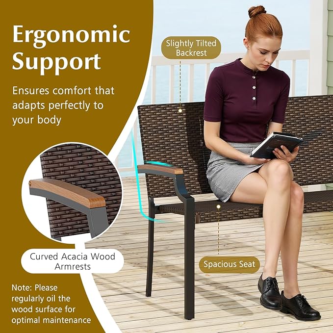 Tangkula Stackable Patio Wicker Loveseat Bench, 2-Person Rattan Outdoor Bench with Acacia Wood Armrests & Metal Frame, Rattan Conversation Furniture for Backyard, Garden, Balcony, Porch (1,Mix Brown)