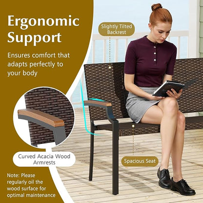 Tangkula Stackable Patio Wicker Loveseat Bench, 2-Person Rattan Outdoor Bench with Acacia Wood Armrests & Metal Frame, Rattan Conversation Furniture for Backyard, Garden, Balcony, Porch (1,Mix Brown)