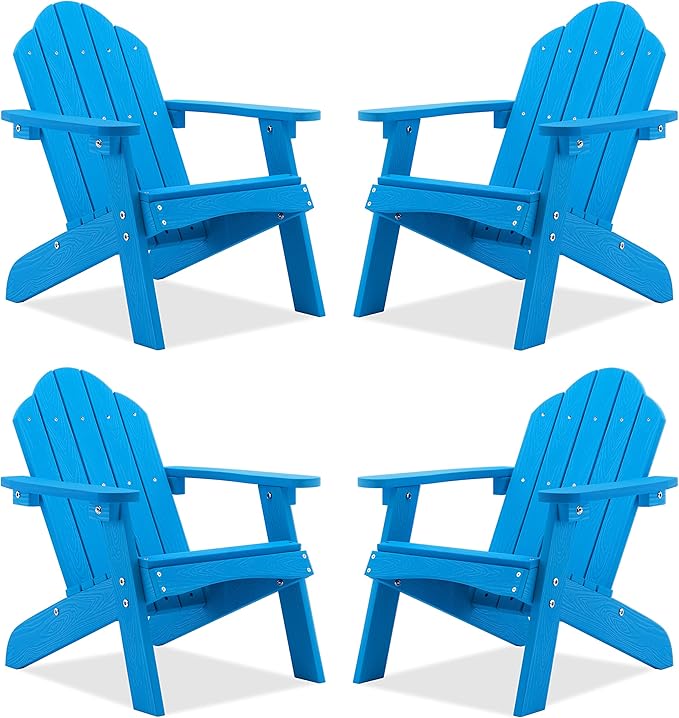 LUE BONA Kids Adirondack Chair Set of 4 - Blue Poly Lumber Plastic, Weather Resistant Toddler Outdoor Patio Lounge Chair for Balcony, Backyard