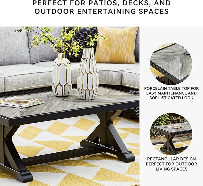 Signature Design by Ashley Beachcroft Farmhouse Weather and Rust Resistant Outdoor Coffee Table with Porcelain Tabletop, Black & Light Gray