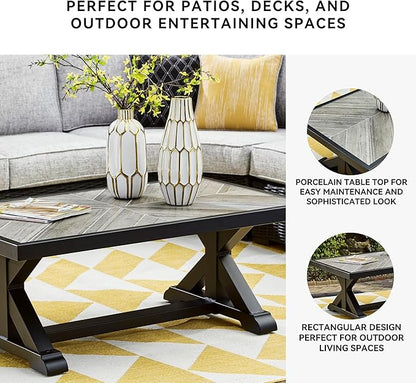 Signature Design by Ashley Beachcroft Farmhouse Weather and Rust Resistant Outdoor Coffee Table with Porcelain Tabletop, Black & Light Gray