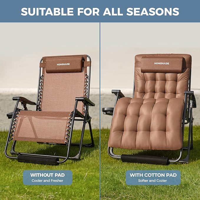 HOMSHADE XXL Zero Gravity Chair with Cushion, 33In Oversized Zero Gravity Lounge Chair, Patio Outdoor Recliner Chair for Indoor Outdoor with Headrest, Cup Holder, Footrest Support 500Lbs, Brown