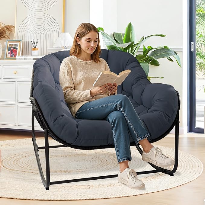 Papasan Rocking Chair Indoor & Outdoor, Oversized Egg-Shaped Papasan Rocker with Cushion & Pillow, All-Weather Wicker Patio Lounge Chair for Garden, Porch, Living Room (Dark Blue)