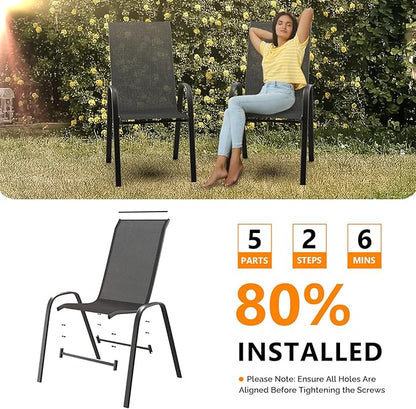 VINGLI Patio Chairs Set of 6 – Stackable Outdoor Dining Chairs with Comfortable Sling High Back Chairs and Armrests for Lawn, Poolside, Courtyard, Balcony, Garden, Black