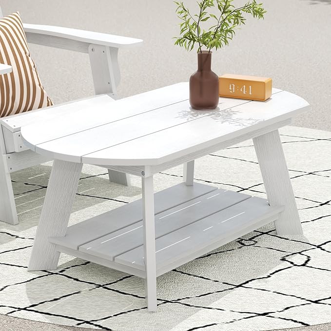 WestinTrends Tuscany Outdoor Coffee Table, All Weather HIPS 2 Tier Patio Adirondack Coffee Table, White