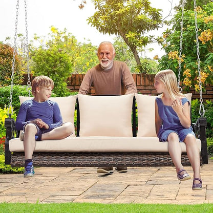 3-Person Wicker Porch Swing Chair Heavy Duty 900 LBS Outdoor Rattan Patio Swing Chair w/Cup-Holder & Steel Chains Hanging Bench Porch Swing Cushions for Deck & Backyard & Garden