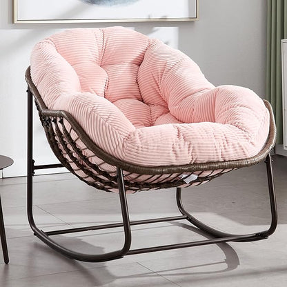 HOMEFUN Outdoor Patio Rocking Chairs, Oversized Papasan Rock Chair Indoor with Striped Velvet Padded Cushion - Rocker Egg Seat for Front Porch, Garden, Patio, Backyard Pink