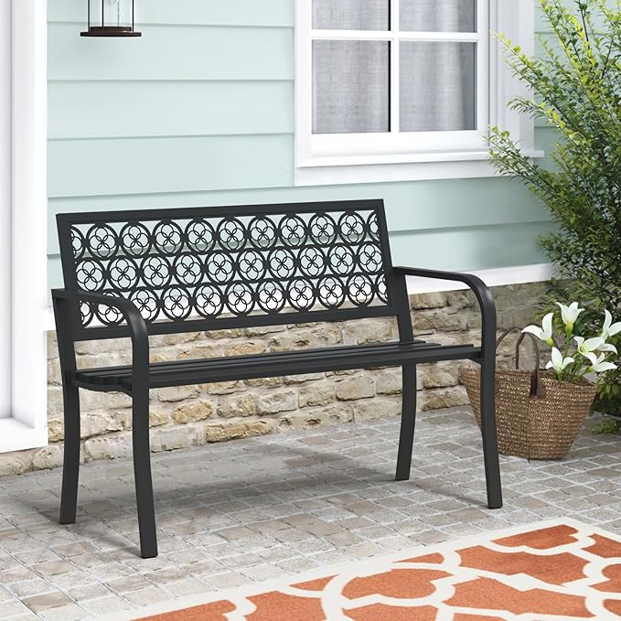 Black Outdoor Bench, Metal Weatherproof Garden Bench Cast Iron Heavy-Duty Patio Bench with Decorative Backrest for Proch Park 880lb Capacity
