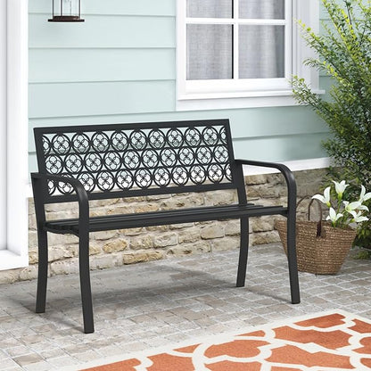 Black Outdoor Bench, Metal Weatherproof Garden Bench Cast Iron Heavy-Duty Patio Bench with Decorative Backrest for Proch Park 880lb Capacity