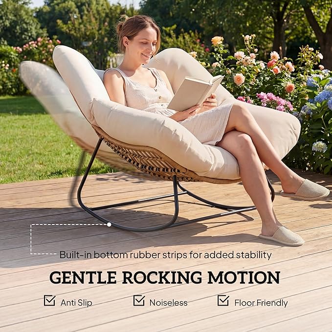 Outsunny Papasan Rocking Chair, Wicker Oversized Indoor Outdoor Rocking Chair with Cushion, PE Rattan Padded Outdoor Rocker Egg Chairs for Living Room, Garden, Patio, Balcony, Cream White