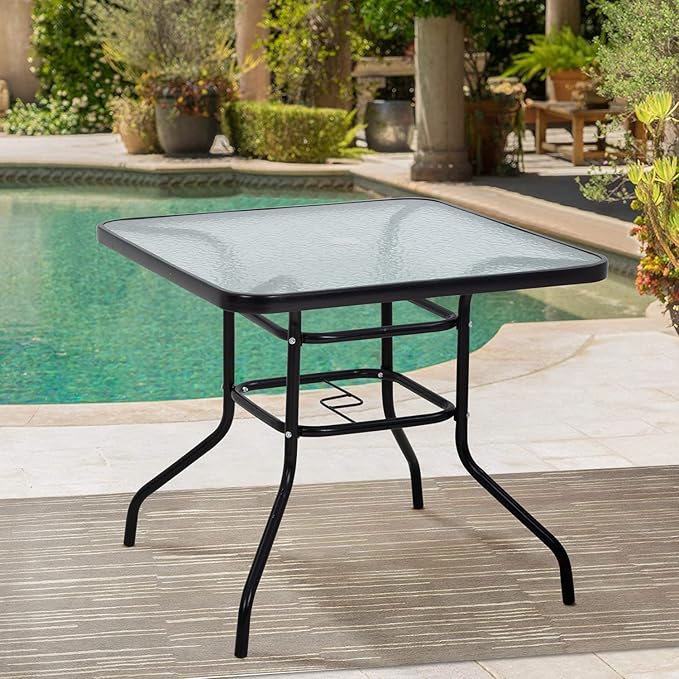 BSTOPHKL Outdoor Patio Table with Umbrella Hole, 32 inches Tempered Glass Top Square Patio Table,Conversation Coffee Table Metal Steel Frame All-Weather Furniture for Balcony, Backyard and Poolside