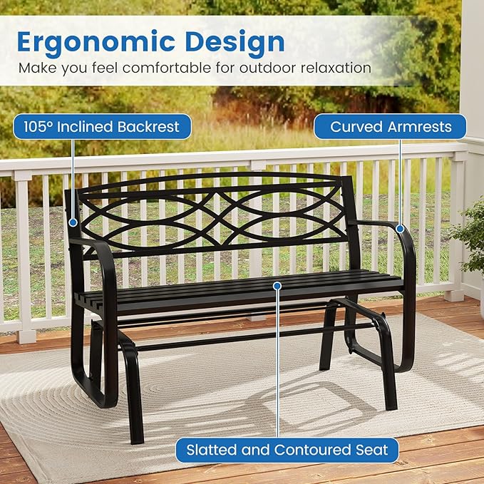 Tangkula 2-Person Outdoor Glider Bench, Patio Rocking Loveseat Chair with Metal Frame, Armrests - Photo 9