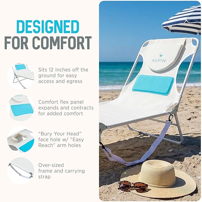 Ostrich the Ladies Comfort Lounger with Chest Support, Foldable and Portable Reclining Outdoor Patio Beach Lawn Camping Pool Tanning Chair, White