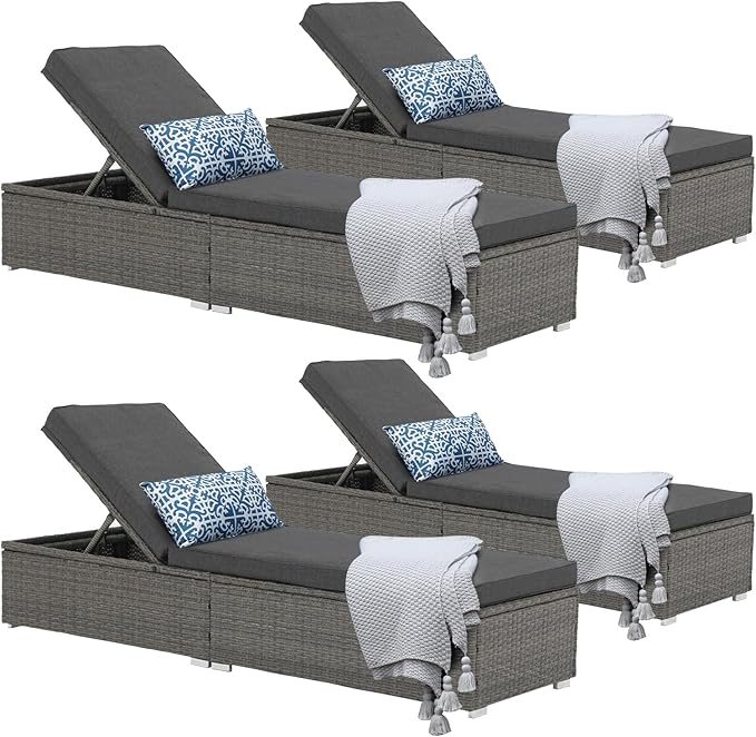 Patiorama Outdoor Patio Chaise Lounge Chair, Elegant Reclining Adjustable Pool Rattan Chaise Lounge Chair with Cushion, Grey PE Wicker, Steel Frame, Dark Grey, Set of 4