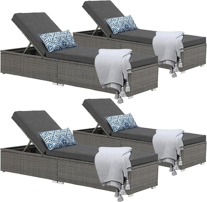 Patiorama Outdoor Patio Chaise Lounge Chair, Elegant Reclining Adjustable Pool Rattan Chaise Lounge Chair with Cushion, Grey PE Wicker, Steel Frame, Dark Grey, Set of 4