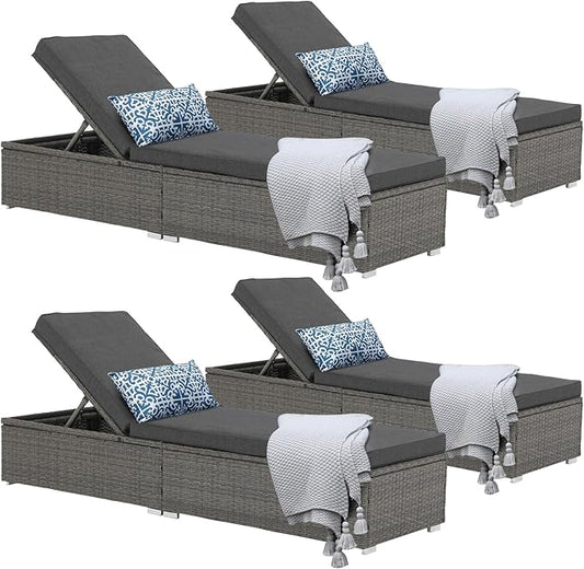 Patiorama Outdoor Patio Chaise Lounge Chair, Elegant Reclining Adjustable Pool Rattan Chaise Lounge Chair with Cushion, Grey PE Wicker, Steel Frame, Dark Grey, Set of 4