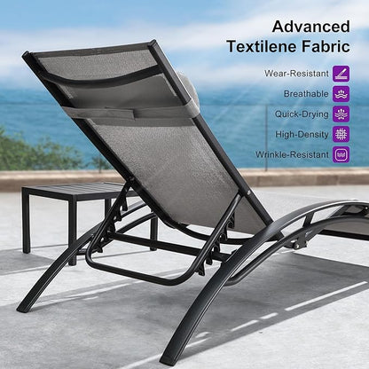 PURPLE LEAF Patio Chaise Lounge with 10' x 6.5' Tilt Umbrella Outdoor Lounge Chair Beach Pool Sunbathing Lawn Lounger, Base and Side Table Included, Light Grey