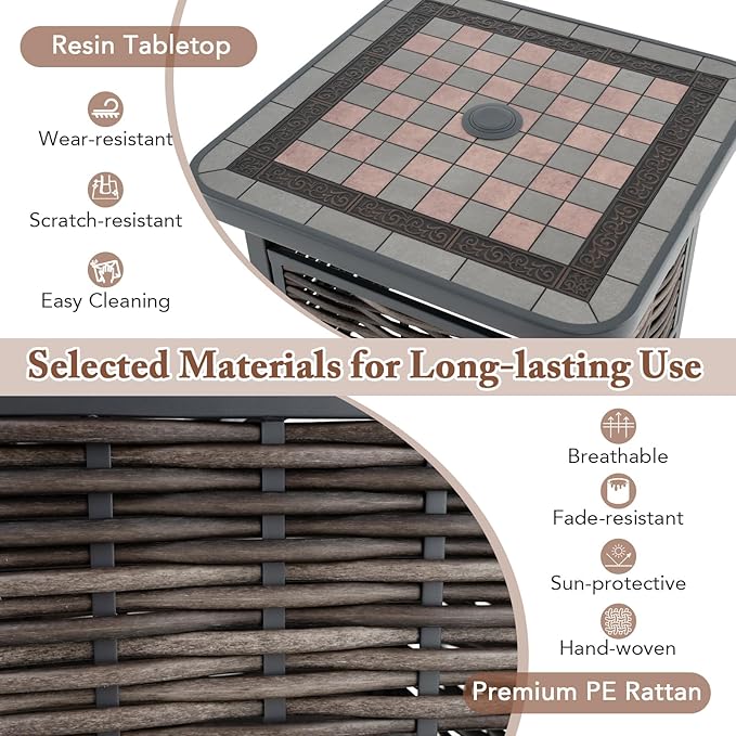 Tangkula 21.5 Inches Outdoor PE Rattan Side Table, All Weather Patio Square End Table with Resin Tabletop, Umbrella Hole, Metal Frame, Outdoor Coffee Table for Garden, Backyard, Balcony, Poolside