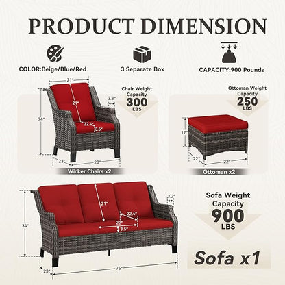 Patio Furniture Set 5 Pieces, Outdoor Wicker Furniture with Coffee Table and Side Table, Modern Rattan Patio Chairs Conversation Sets with Sofa for Garden, Terrace, Porch, Balconies, Lawns