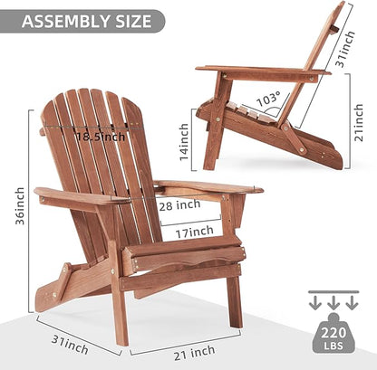 SoliWood Outdoor Wooden Folding Adirondack Chair Set of 4 with Pre-Assembled BackRest, Wood Patio Chair for Garden Backyard Porch Pool Deck Firepit