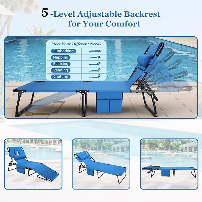 3-in-1 Sun Tanning Chair with Face Holes, Folding Chaise Lounge Chairs, 5-Position Adjustable Lounge Chair Outdoor with 2 Side Pocket & Pillow, for Pool Beach, Patio, Camping, Blue