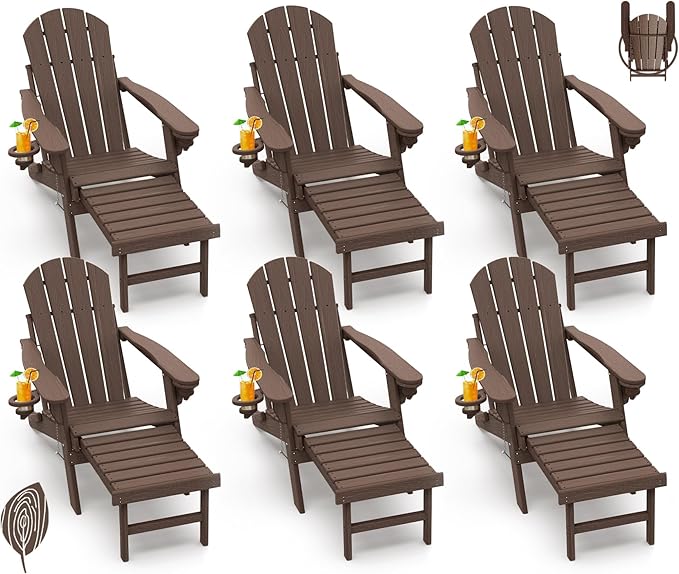 GREENVINES Adirondack-Chairs-with-Ottoman | Set of 6 | Wood Grain | Dark Brown | Folding | Retractable-Footrest | HDPE Plastic | All Weather Fire Pit Chair | Cup Holders | for Outdoor Poolside