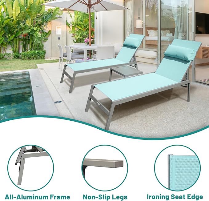 Domi Outdoor Lounge Chairs Set of 3, Upgraded Aluminum Chaise Lounge Chair W/ 5 Adjustable Positions, Patio Lounge Chair for Pool, Deck, Lawn, 2 Pool Chairs and 1 Side Table, Blue Seafoam