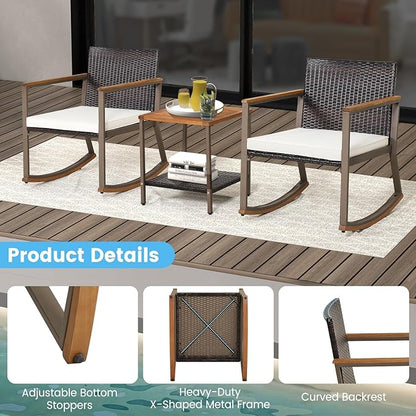 HAPPYGRILL 3 Piece Rocking Bistro Set, Outdoor PE Wicker Rocking Chair with Coffee Table, Soft Seat Cushions Included, Gentle & Smooth Rocking Furniture Set for Yard Porch