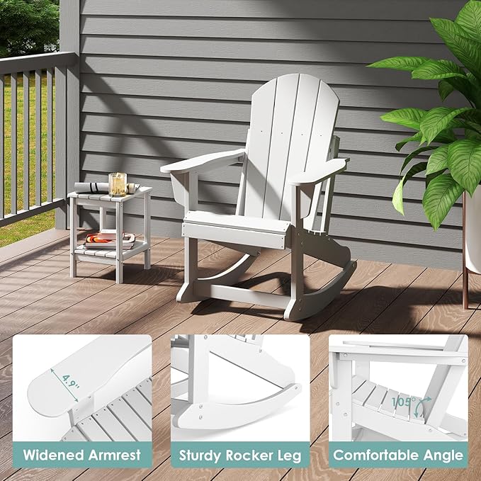 IVY&LANE Adirondack Rocking Chair | Porch-Rocker | HDPE Plastic | Weatherproof | White | for Outdoor Patio Deck Backyard