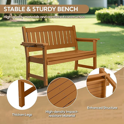 2-Person HIPS Outdoor Bench, Weatherproof Garden Bench with 800 lbs Weight Capacity, Artificial Wood Grains, Never Rot or Fade, Patio Benches for Garden, Porch, Balcony, Backyard, Brown