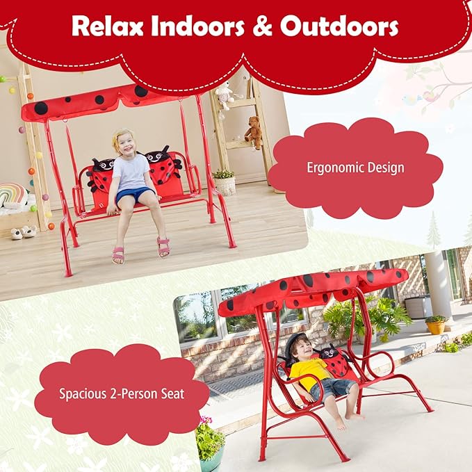 KOTEK Kids Patio Swing, 2-Seater Outdoor Hanging Bench with Adjustable Canopy, Safety Belt & Curved Armrest, Kids Swing Chair with Stand for Backyard, Garden, Lawn, Porch (Red Ladybug)