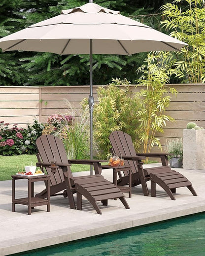 BRIOPAWS Folding-Adirondack-Chairs Set of 4 | HDPE | Brown Wood Grain | Fire Pit Chair | Cup Holder | Weather Resistance | for Outdoor Backyard Deck Patio