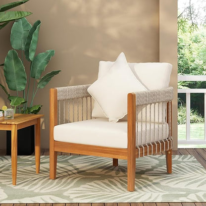 Christopher Knight Home Vinny Acacia Wood Patio Accent Chair, Wooden Lounge Chair Outdoor, Garden/Poolside Comfy Reading Chair with Handwoven Rope Accents and Removable Cushions, Natural+Beige