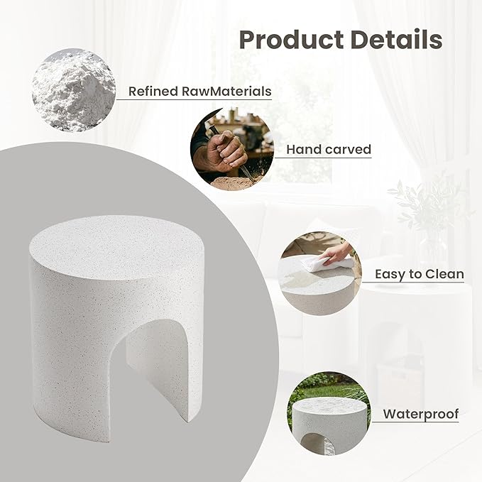 COSIEST White Outdoor Side Table, 15.7" Modern Concrete End Table with Arched Open for Patio, Small Round Outside Accent Table & Plant Stand for Garden, Porch, Deck, Balcony