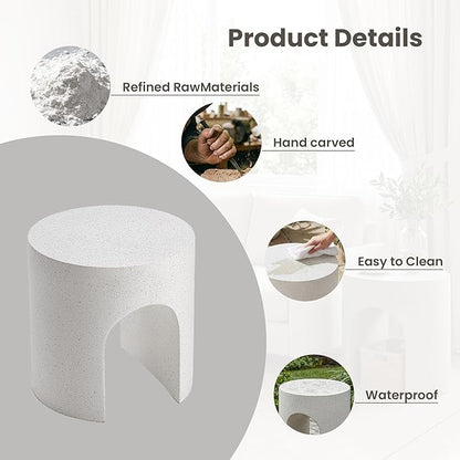 COSIEST White Outdoor Side Table, 15.7" Modern Concrete End Table with Arched Open for Patio, Small Round Outside Accent Table & Plant Stand for Garden, Porch, Deck, Balcony