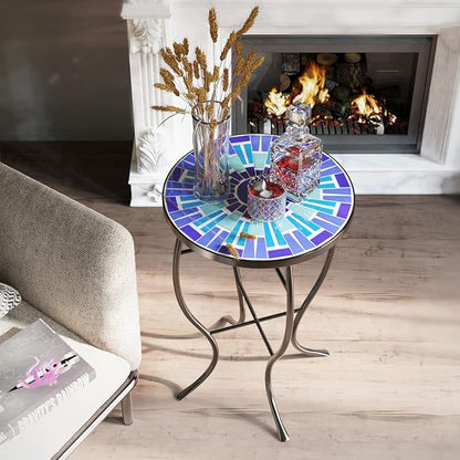 Mosaic Outdoor Side Table, Patio Side Table, Weather Resistant 14" Diameter 21" H Ceramic Tile Round Outside Table for Patio, Porch, Garden, Pool, Indoor&Outdoor,Plant Stand (Vortex)