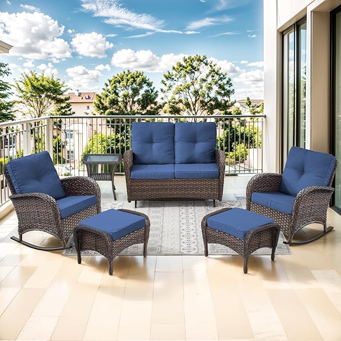 Patio Rocking Chair - 6 Peices Outdoor Wicker Rocker Porch Chair Set with A Rocking Loveseat, Tempered Glass Side Table, and 2 Ottoman, Rattan Seating for Balcony Garden Brown/Blue