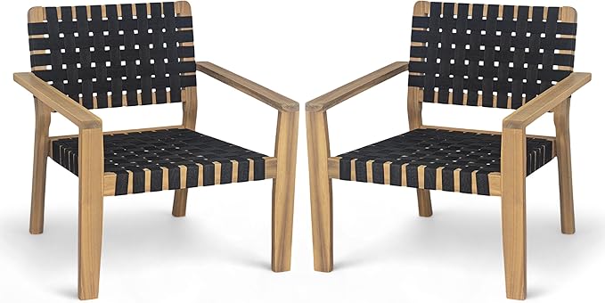 Christopher Knight Home Set of 2 Lena Patio Furniture Acacia Wood Armchair, Woven Rope Outdoor Club Chair, Deep Seating Porch Chairs for Garden, Backyard/Balcony, Light Teak Finish & Black