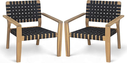 Christopher Knight Home Set of 2 Lena Patio Furniture Acacia Wood Armchair, Woven Rope Outdoor Club Chair, Deep Seating Porch Chairs for Garden, Backyard/Balcony, Light Teak Finish & Black
