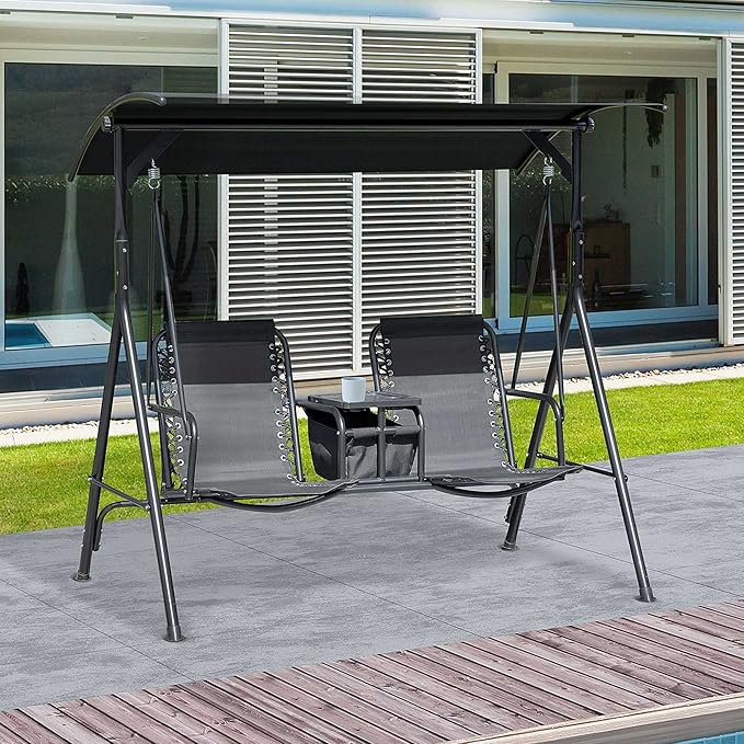 Outsunny 2-Seat Patio Swing Chair, Outdoor Canopy Swing Glider with Pivot Storage Table, Cup Holder, Adjustable Shade - Photo 2