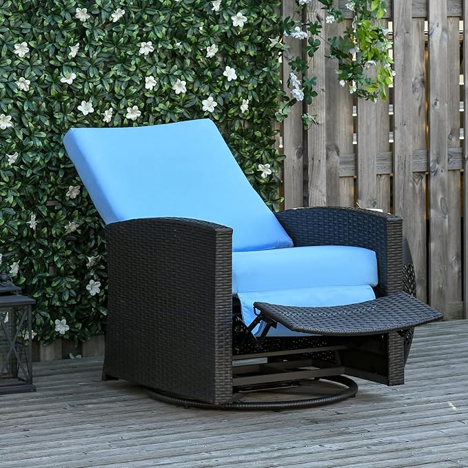 Outsunny Outdoor Wicker Swivel Recliner Chair, Reclining Backrest, Lifting Footrest, 360° Rotating Basic, Water Resistant Cushions for Patio, Light Blue