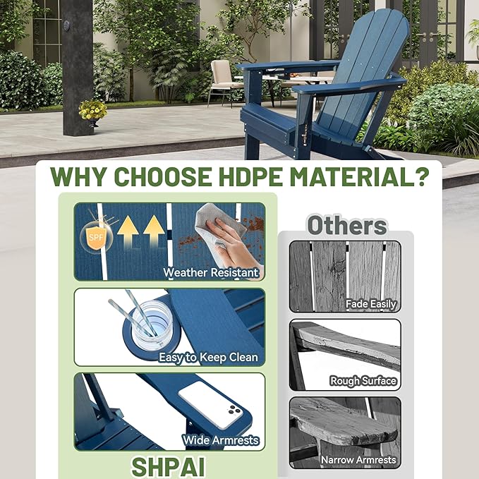 Adirondack Chair, Plastic Adirondack Chairs, HDPE Adirondack Chair, Folding Adirondack Chairs,Outdoor Chairs with Cup Holder for Lawn Patio Deck Fire Pit -Dark Blue