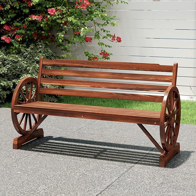 kinbor 55" Wooden Rustic Wagon Wheel Bench, Outdoor Bench Seat, Patio 2-Person Bench with Backrest