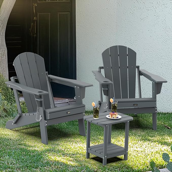 VINGLI Outdoor Side Table, 2-Tier HDPE Adirondack Side Table with Storage, Weather-Resistant Patio End Table for Backyard, Pool, Deck, Indoor Use (Grey)