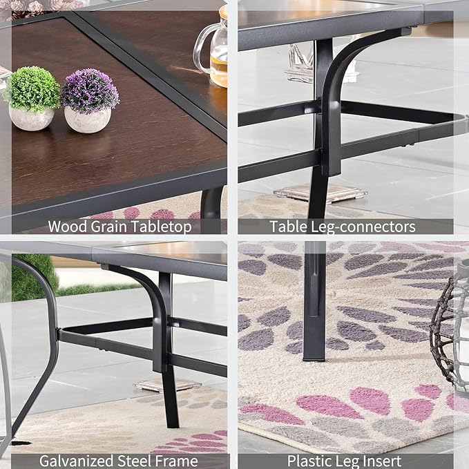 Outdoor Dining Table 63" Rectangular Metal Patio Dining Table for 6 with Wood Grain Tabletop Galvanized Steel Frame