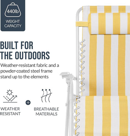 Best Choice Products Set of 2 Extra Wide Adjustable Steel Mesh Zero Gravity Lounge Chair Recliners w/Pillows and Cup Holder Trays - Marigold Stripes/White