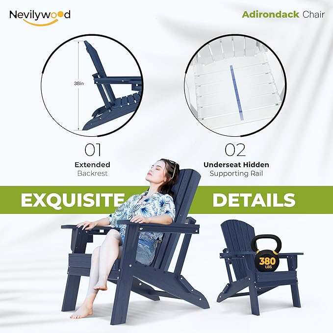 nevilywood HDPE Folding Adirondack Chair Set of 2,Waterproof All-Weather Outdoor Design with Cup Holder,Suitable for Fire Pit, Patio & Beach, Navyblue